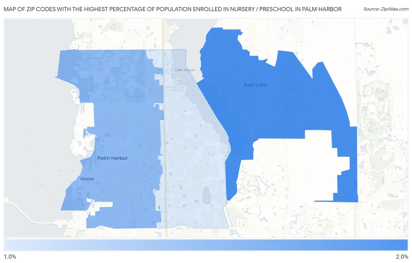 Zip Codes with the Highest Percentage of Population Enrolled in Nursery / Preschool in Palm Harbor Map