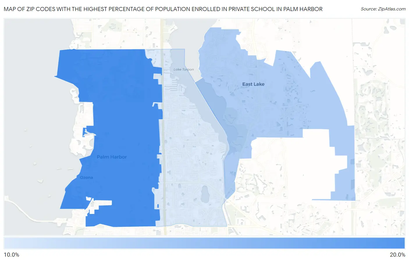 Zip Codes with the Highest Percentage of Population Enrolled in Private School in Palm Harbor Map