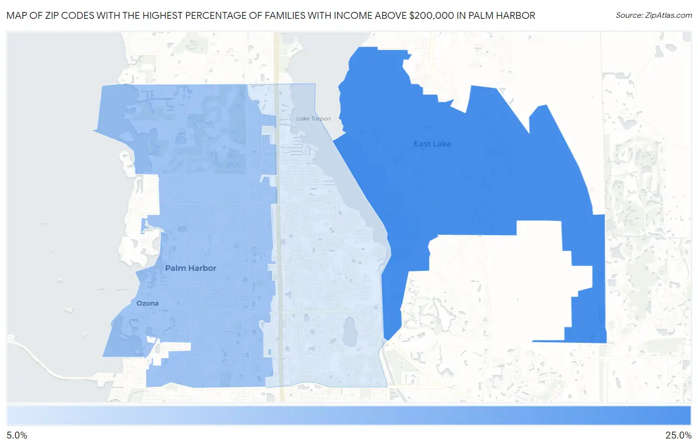 Zip Codes with the Highest Percentage of Families with Income Above $200,000 in Palm Harbor Map