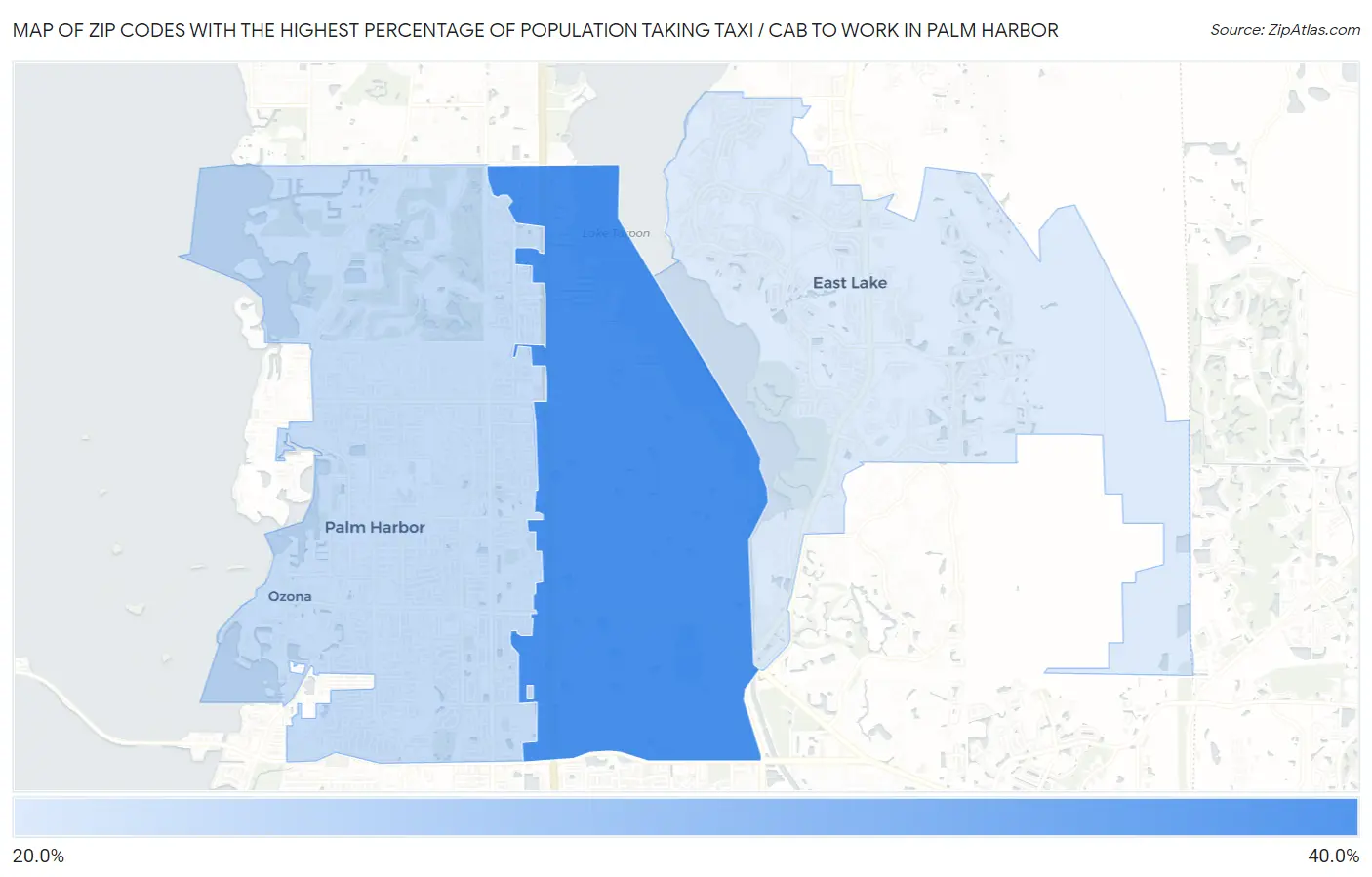 Zip Codes with the Highest Percentage of Population Taking Taxi / Cab to Work in Palm Harbor Map