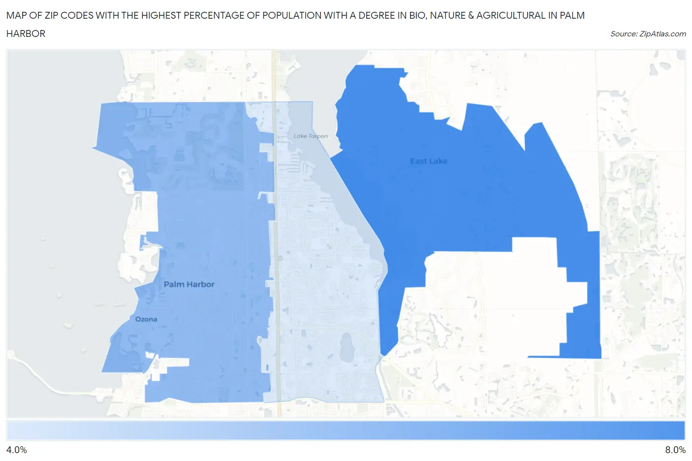 Zip Codes with the Highest Percentage of Population with a Degree in Bio, Nature & Agricultural in Palm Harbor Map