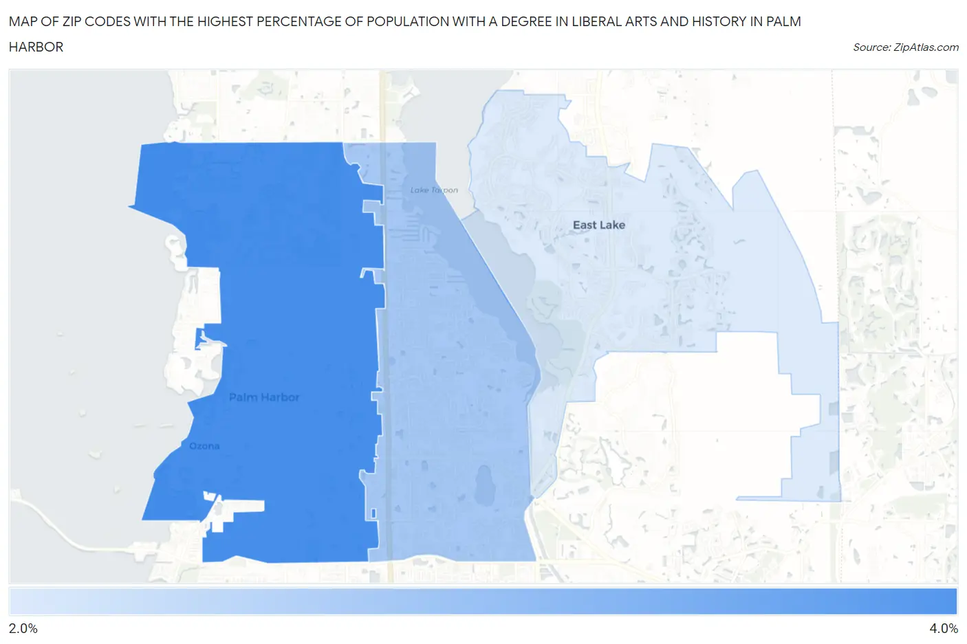 Zip Codes with the Highest Percentage of Population with a Degree in Liberal Arts and History in Palm Harbor Map