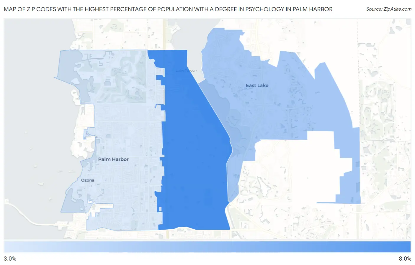 Zip Codes with the Highest Percentage of Population with a Degree in Psychology in Palm Harbor Map