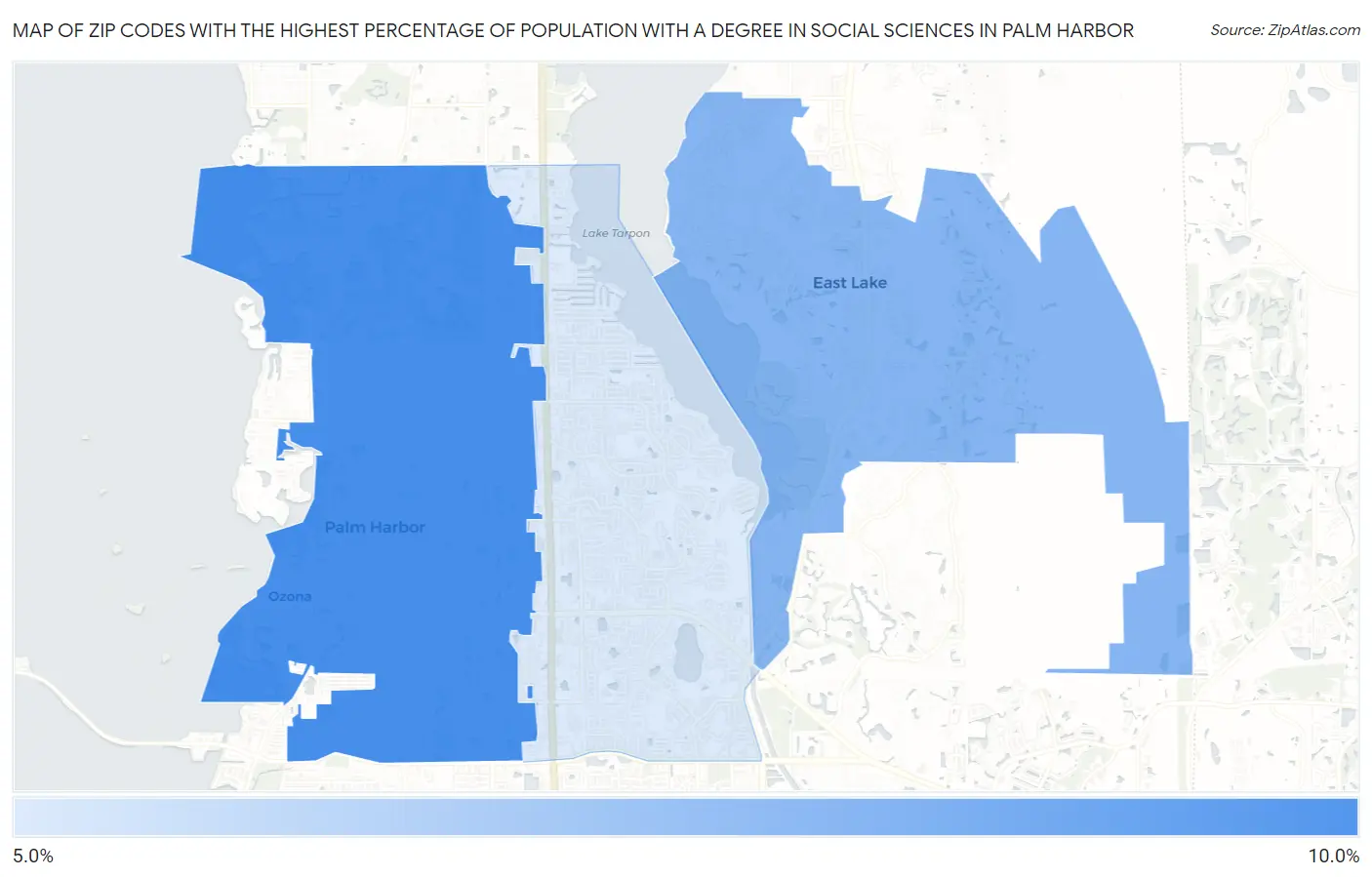 Zip Codes with the Highest Percentage of Population with a Degree in Social Sciences in Palm Harbor Map
