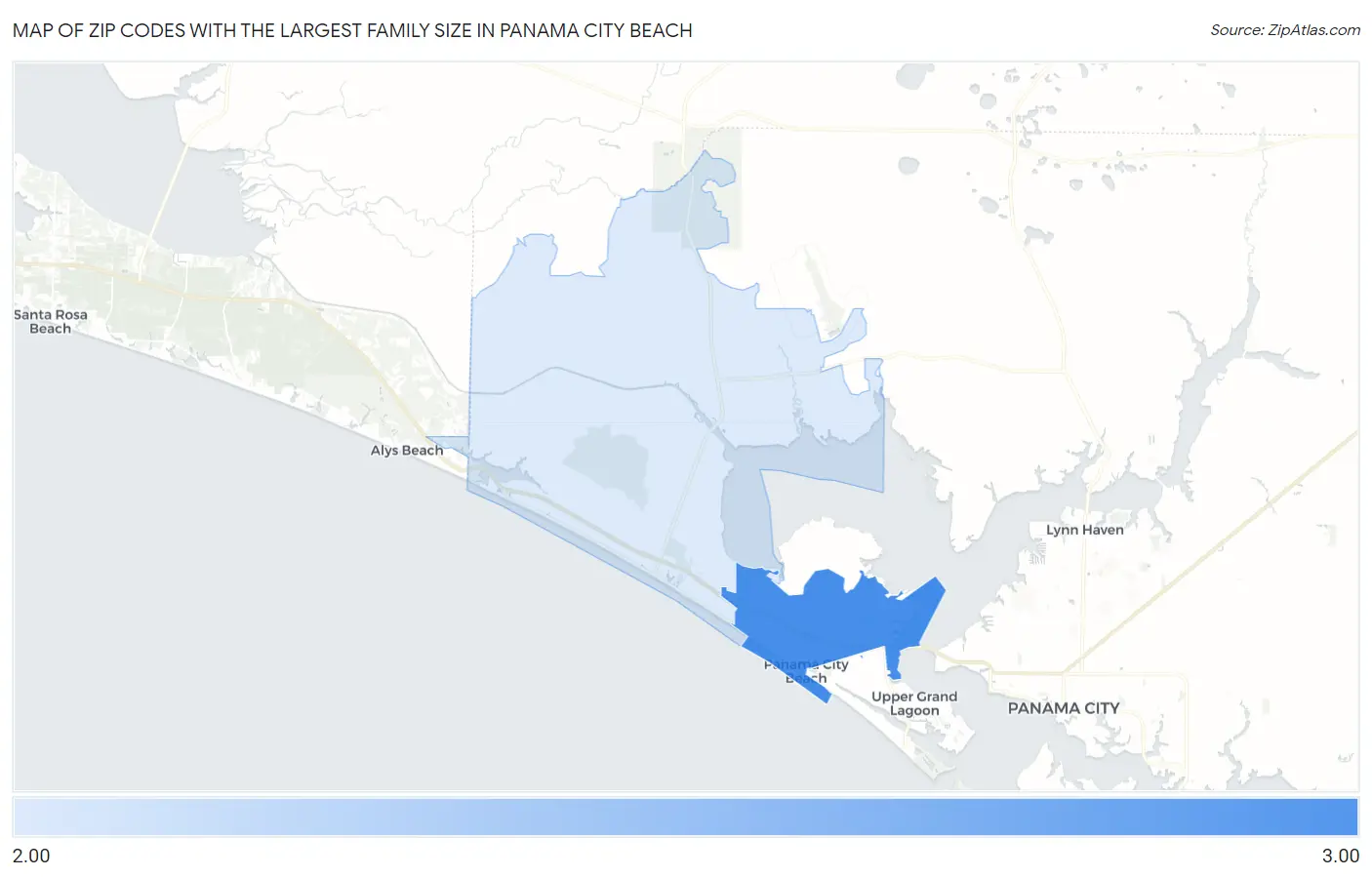 Zip Codes with the Largest Family Size in Panama City Beach Map