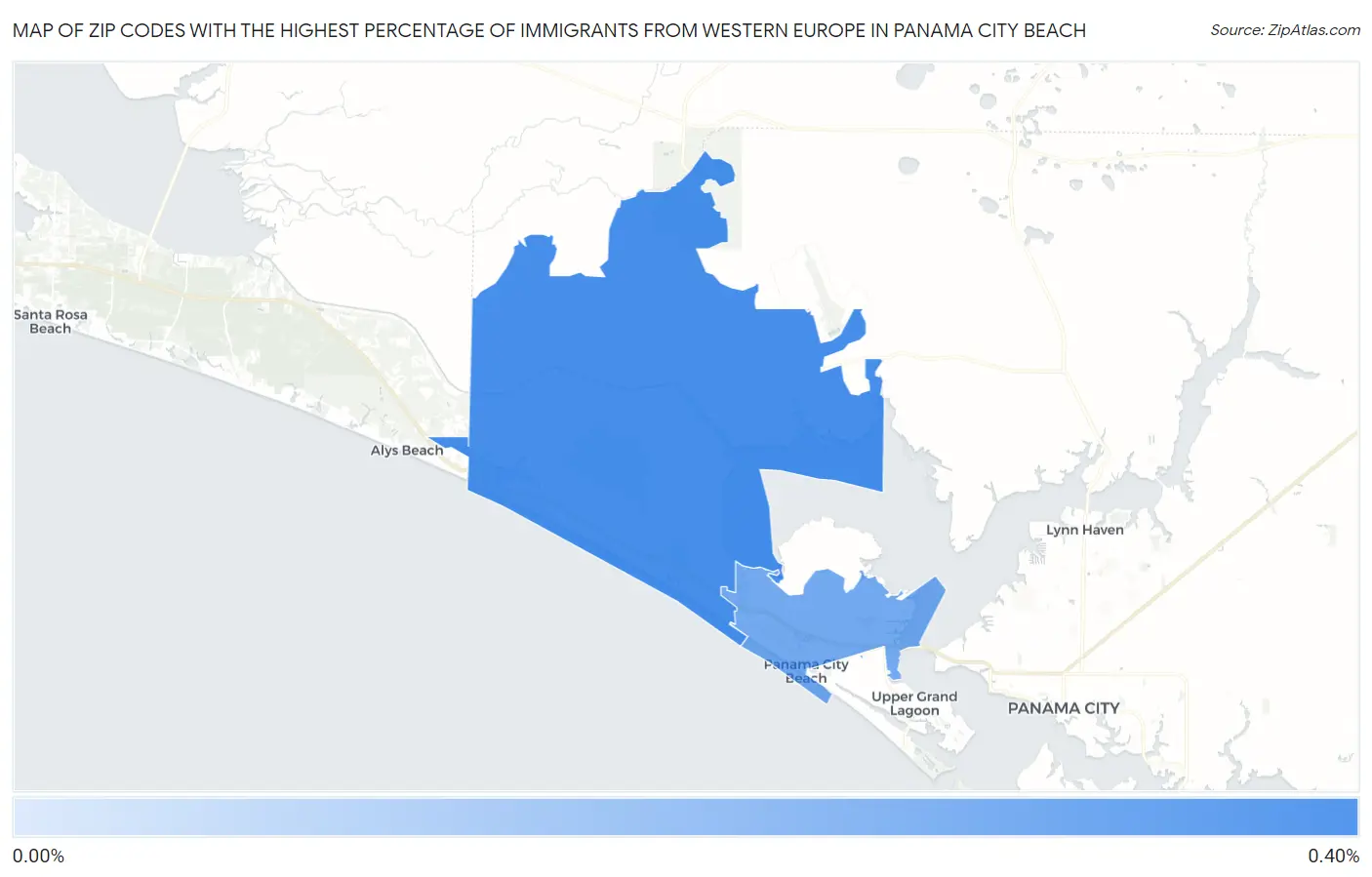 Zip Codes with the Highest Percentage of Immigrants from Western Europe in Panama City Beach Map