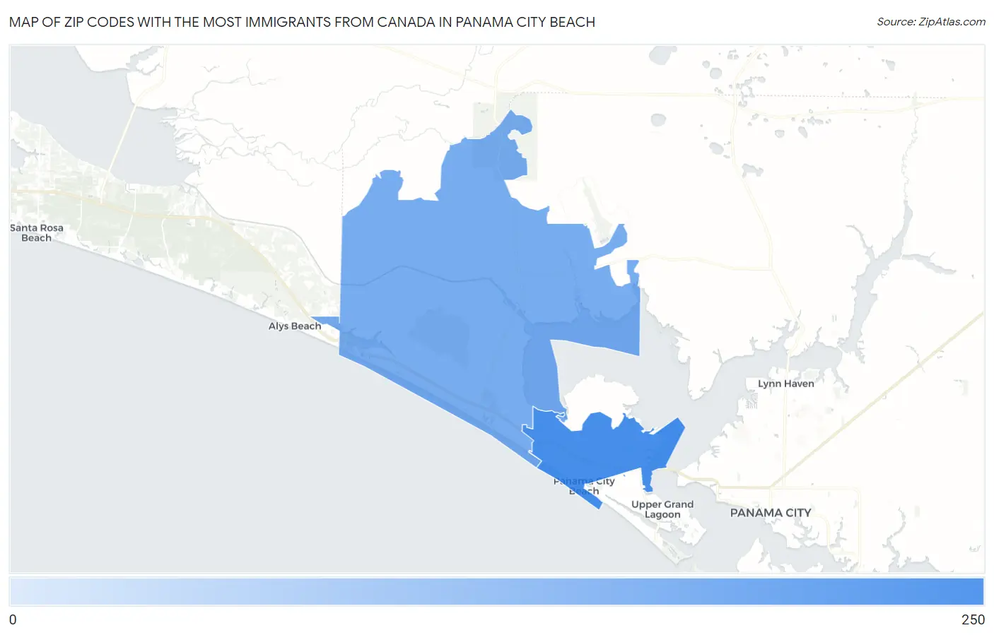 Zip Codes with the Most Immigrants from Canada in Panama City Beach Map