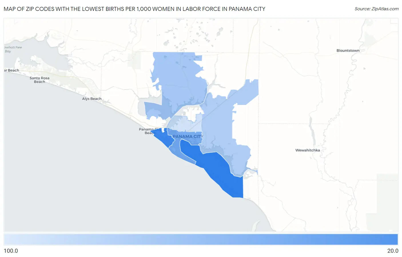 Zip Codes with the Lowest Births per 1,000 Women in Labor Force in Panama City Map