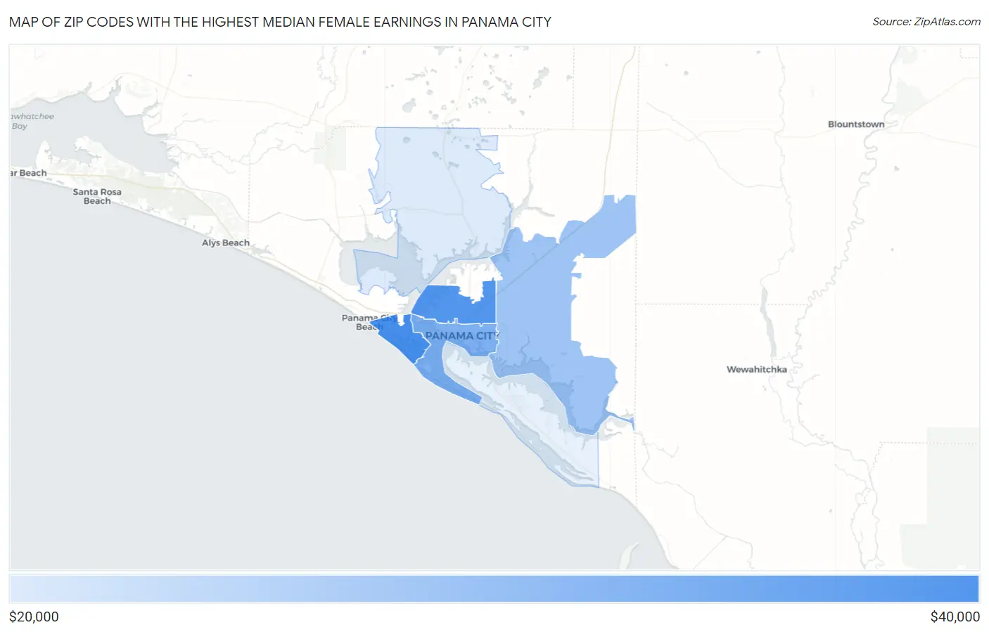 Zip Codes with the Highest Median Female Earnings in Panama City Map