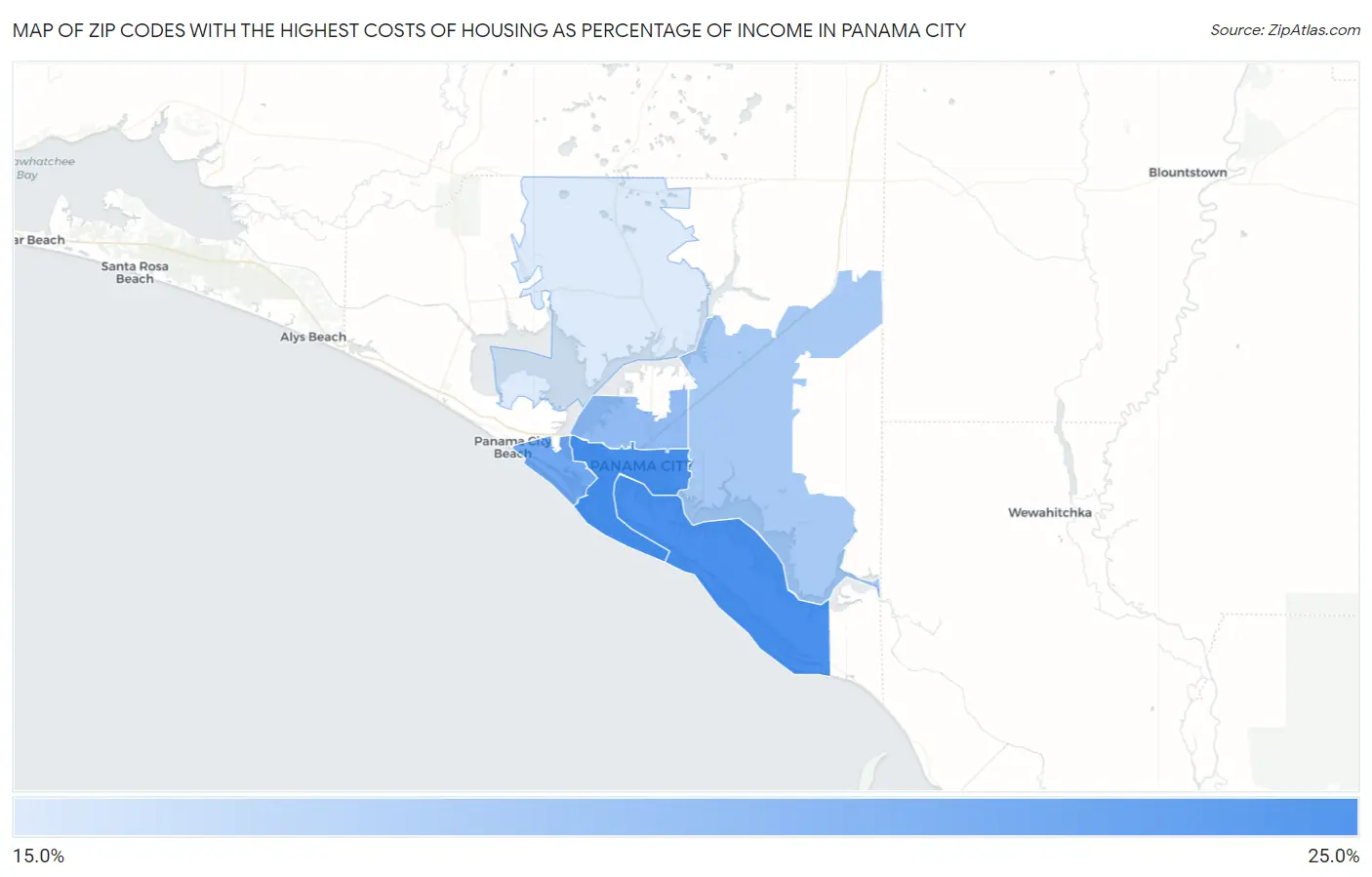 Zip Codes with the Highest Costs of Housing as Percentage of Income in Panama City Map