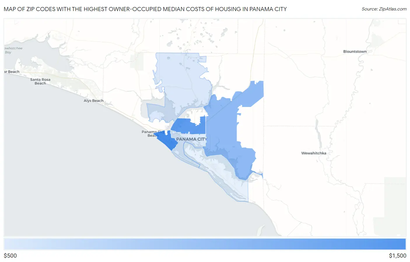 Zip Codes with the Highest Owner-Occupied Median Costs of Housing in Panama City Map