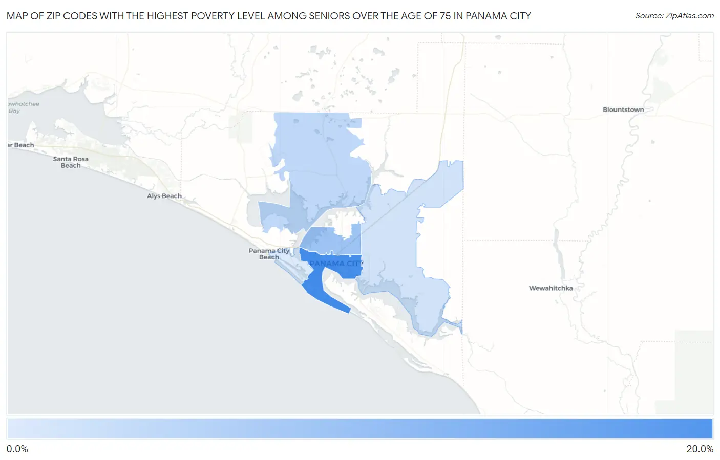 Zip Codes with the Highest Poverty Level Among Seniors Over the Age of 75 in Panama City Map