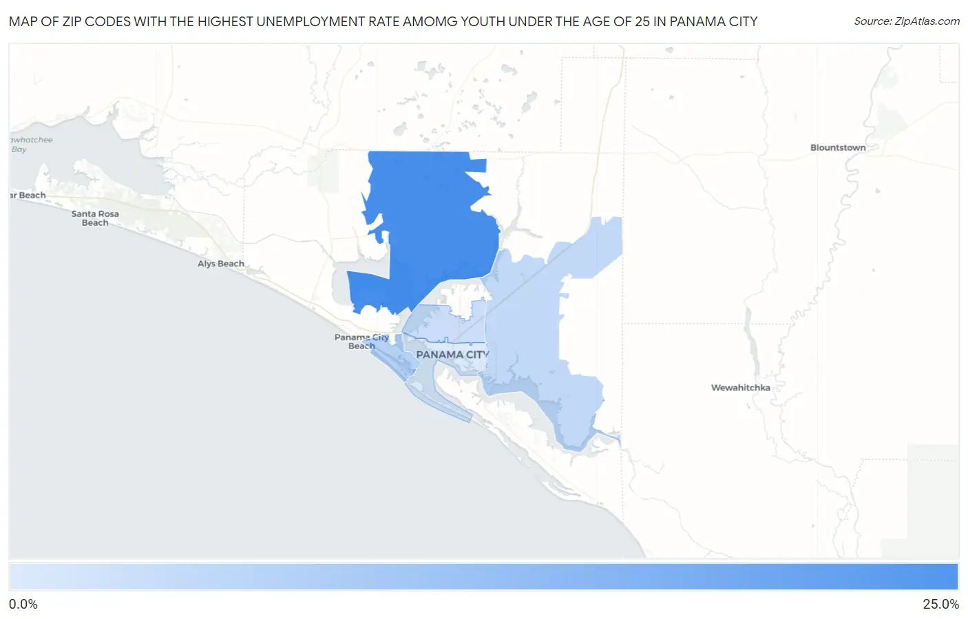 Zip Codes with the Highest Unemployment Rate Amomg Youth Under the Age of 25 in Panama City Map