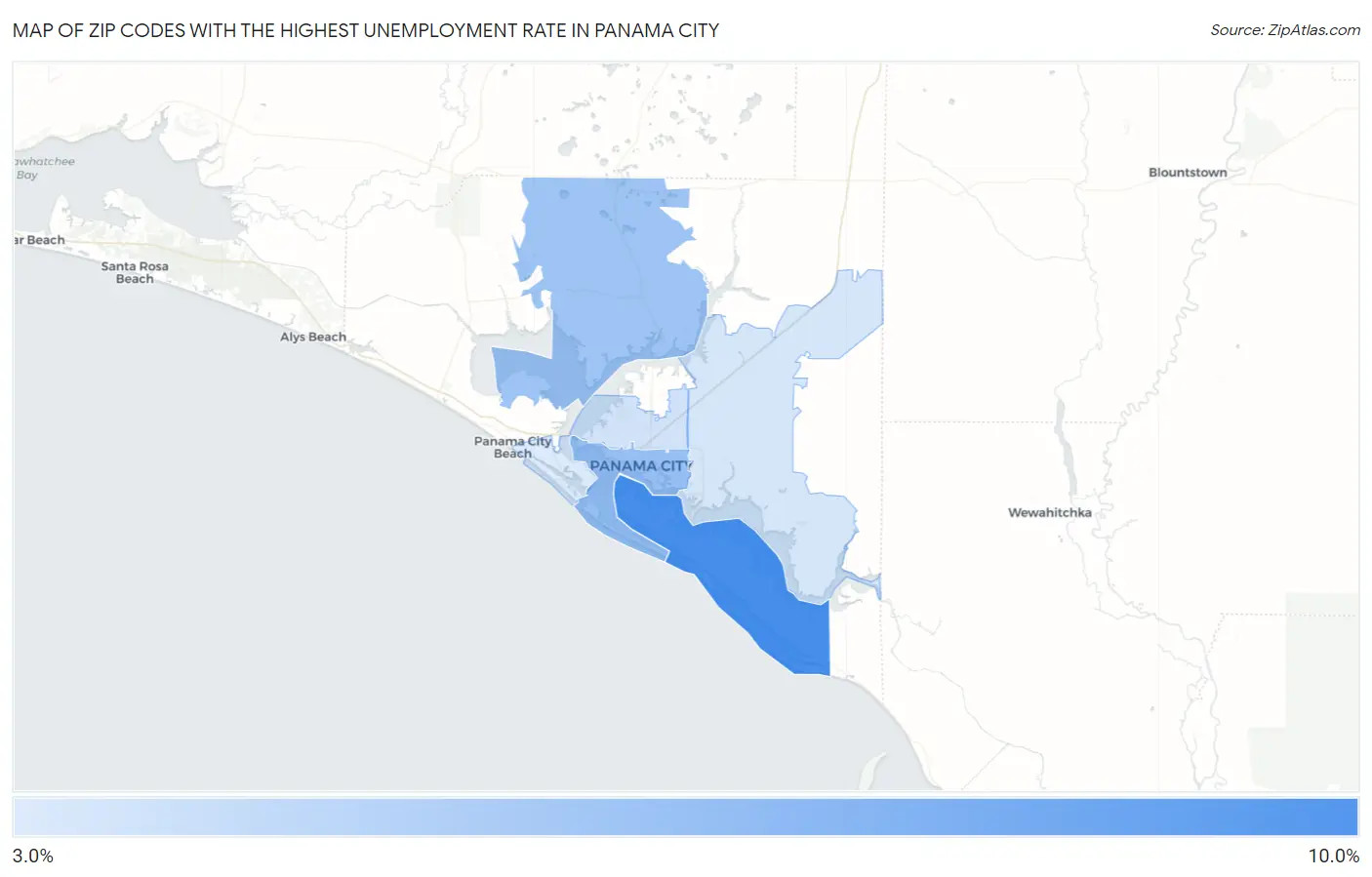 Zip Codes with the Highest Unemployment Rate in Panama City Map