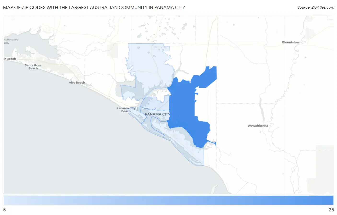 Zip Codes with the Largest Australian Community in Panama City Map