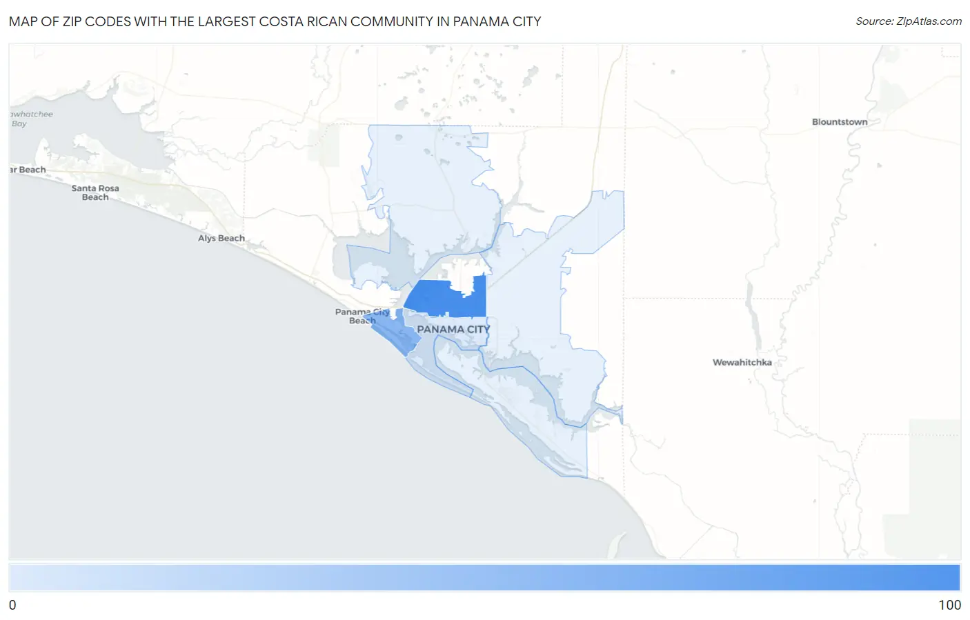 Zip Codes with the Largest Costa Rican Community in Panama City Map