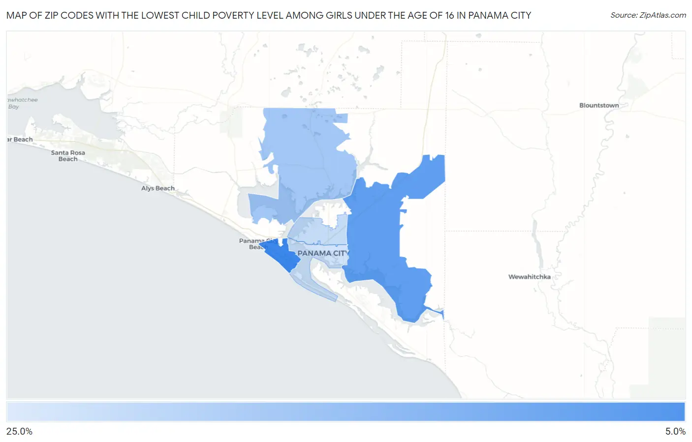 Zip Codes with the Lowest Child Poverty Level Among Girls Under the Age of 16 in Panama City Map