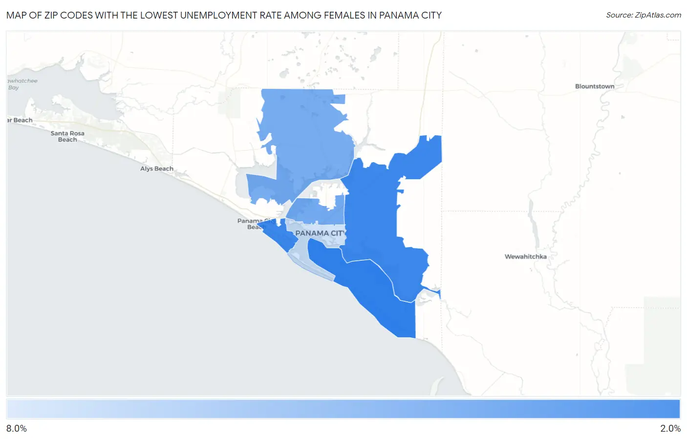 Zip Codes with the Lowest Unemployment Rate Among Females in Panama City Map