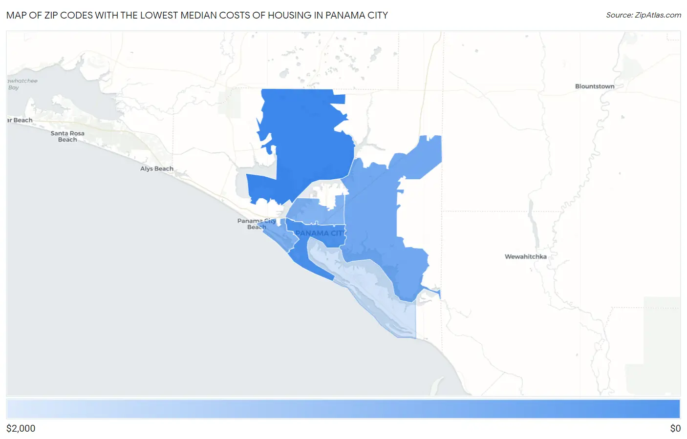 Zip Codes with the Lowest Median Costs of Housing in Panama City Map