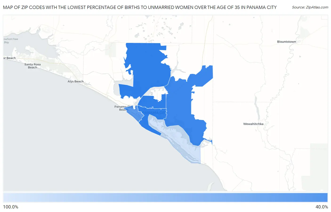 Zip Codes with the Lowest Percentage of Births to Unmarried Women over the Age of 35 in Panama City Map