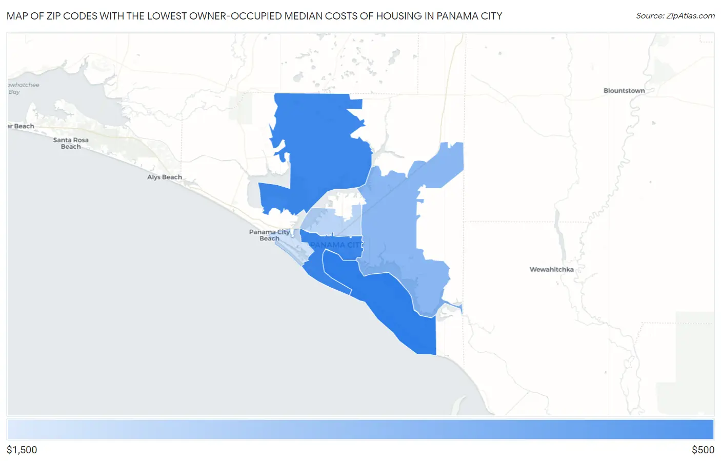 Zip Codes with the Lowest Owner-Occupied Median Costs of Housing in Panama City Map