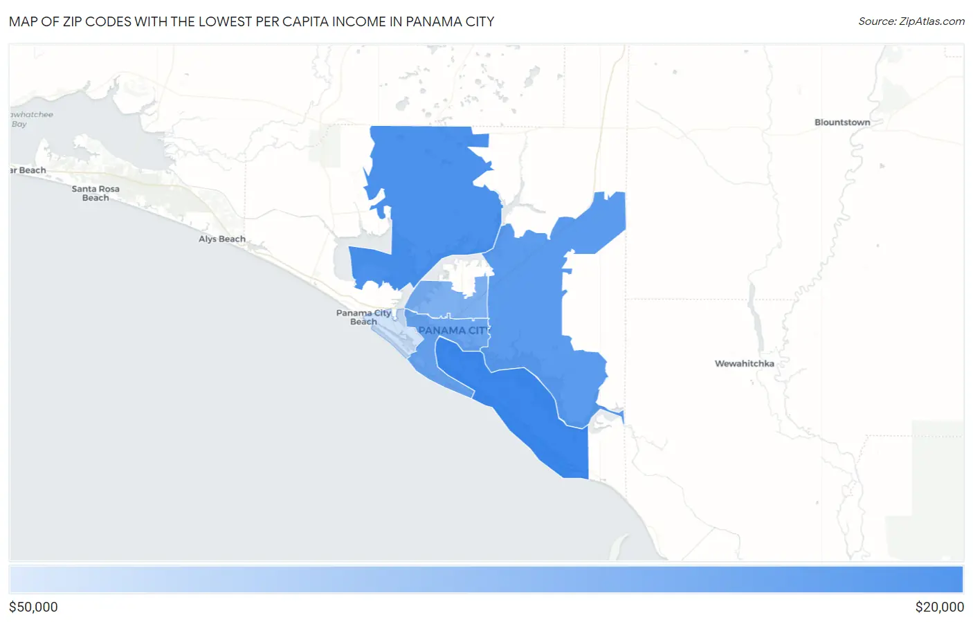 Zip Codes with the Lowest Per Capita Income in Panama City Map