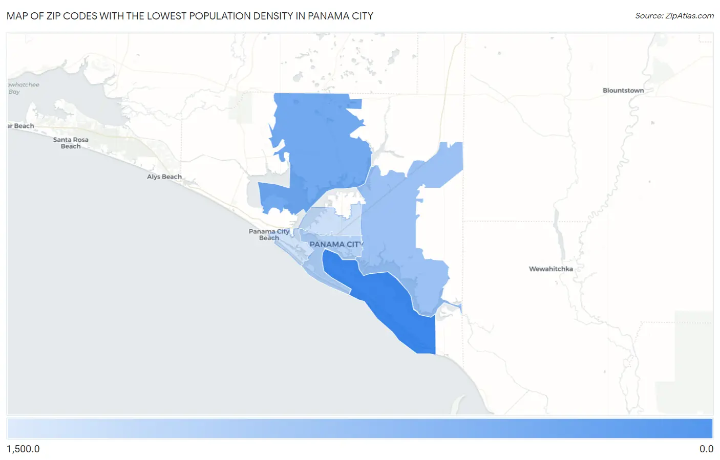 Zip Codes with the Lowest Population Density in Panama City Map