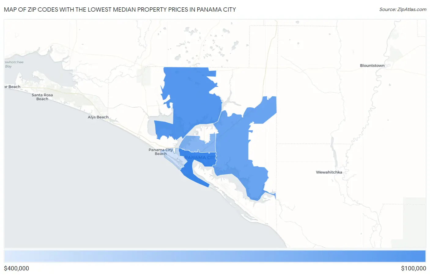 Zip Codes with the Lowest Median Property Prices in Panama City Map