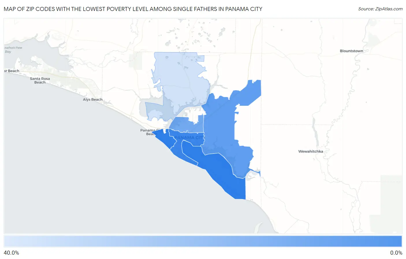 Zip Codes with the Lowest Poverty Level Among Single Fathers in Panama City Map