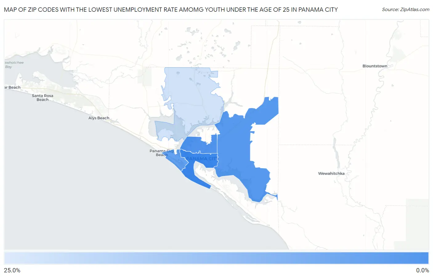 Zip Codes with the Lowest Unemployment Rate Amomg Youth Under the Age of 25 in Panama City Map