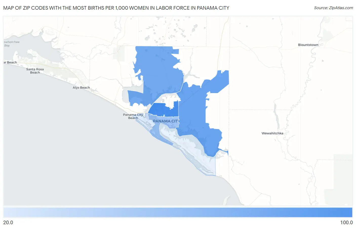 Zip Codes with the Most Births per 1,000 Women in Labor Force in Panama City Map