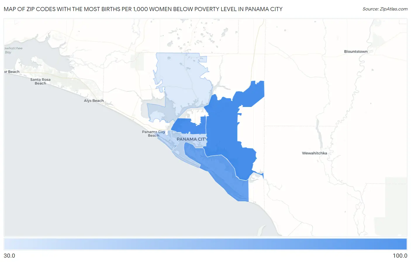 Zip Codes with the Most Births per 1,000 Women Below Poverty Level in Panama City Map