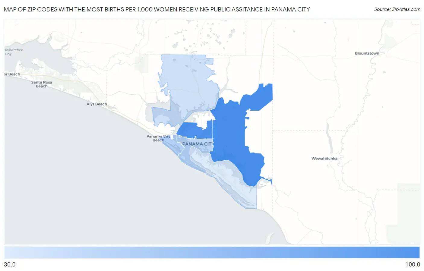 Zip Codes with the Most Births per 1,000 Women Receiving Public Assitance in Panama City Map