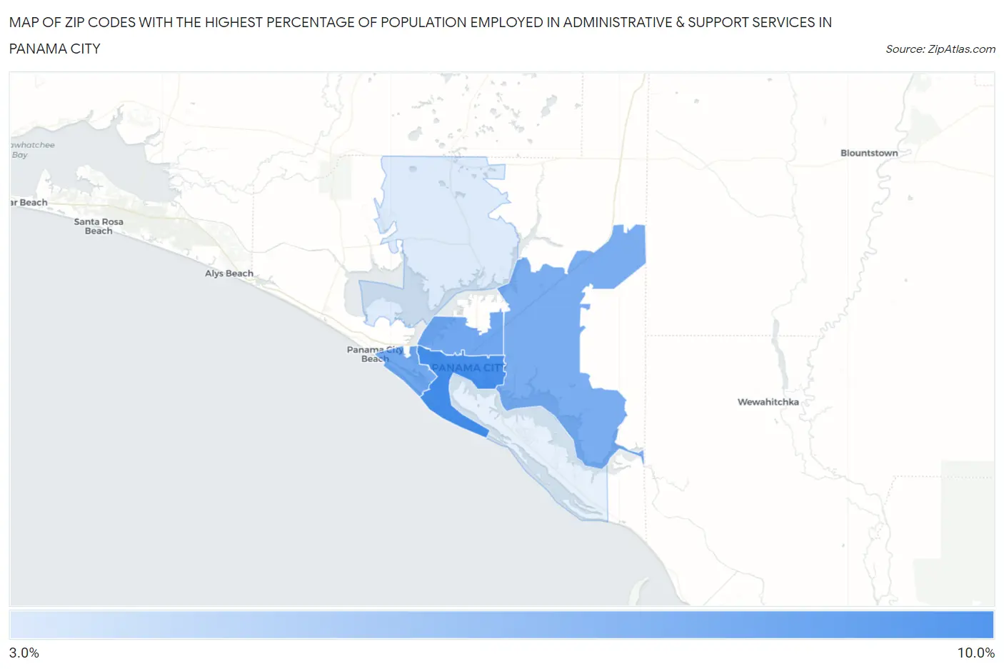 Zip Codes with the Highest Percentage of Population Employed in Administrative & Support Services in Panama City Map