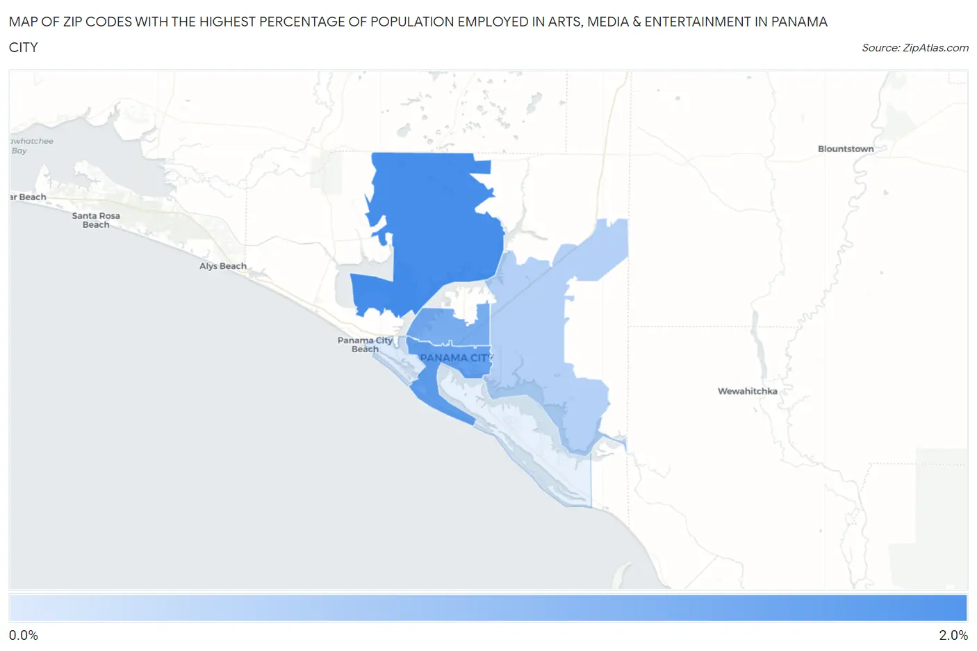 Zip Codes with the Highest Percentage of Population Employed in Arts, Media & Entertainment in Panama City Map