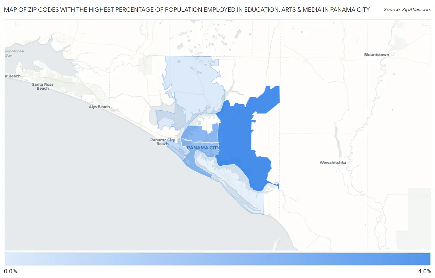 Zip Codes with the Highest Percentage of Population Employed in Education, Arts & Media in Panama City Map