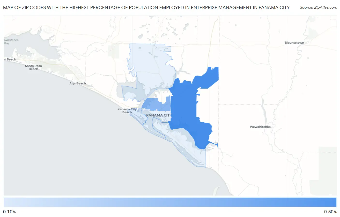 Zip Codes with the Highest Percentage of Population Employed in Enterprise Management in Panama City Map