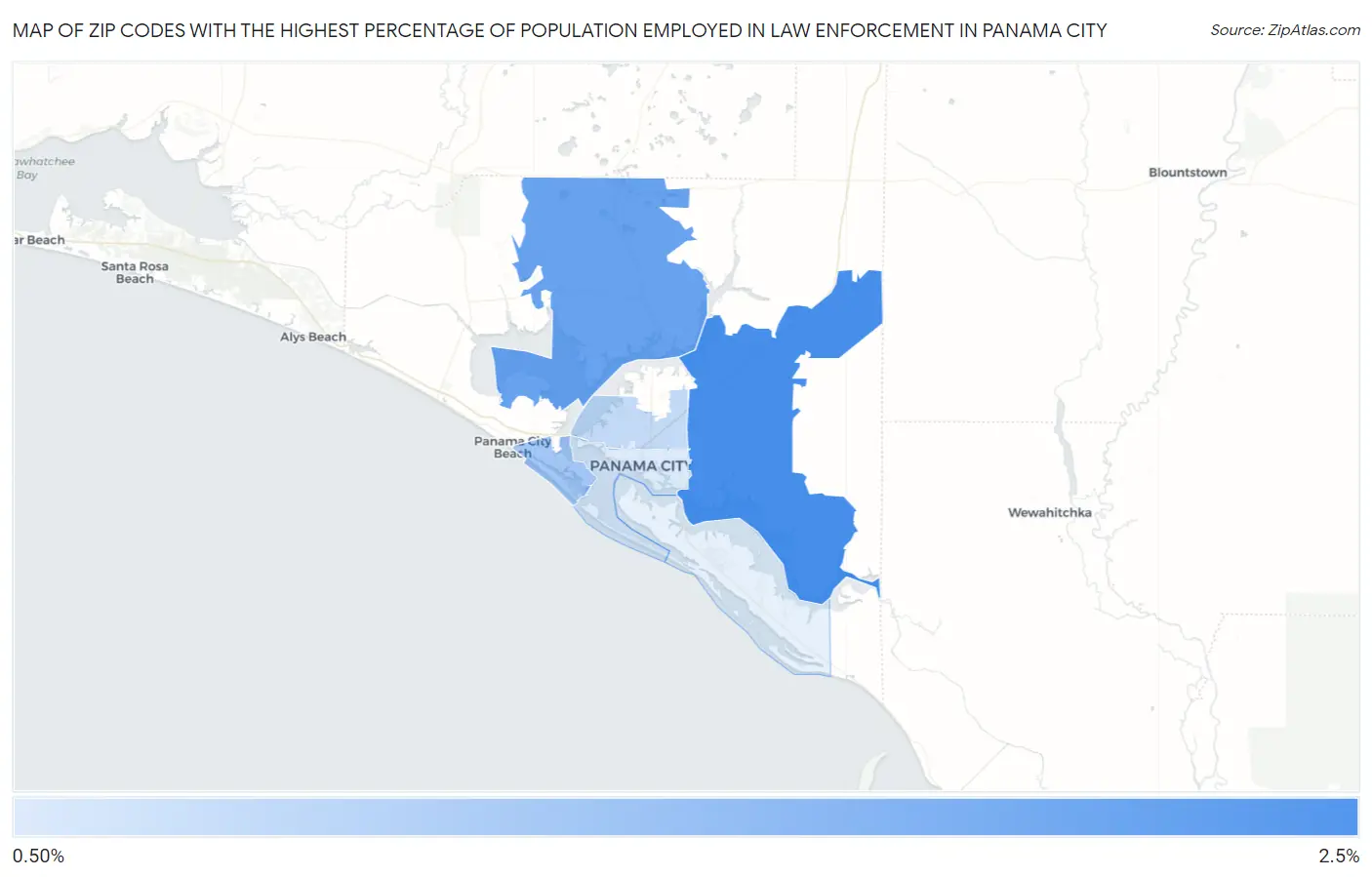 Zip Codes with the Highest Percentage of Population Employed in Law Enforcement in Panama City Map