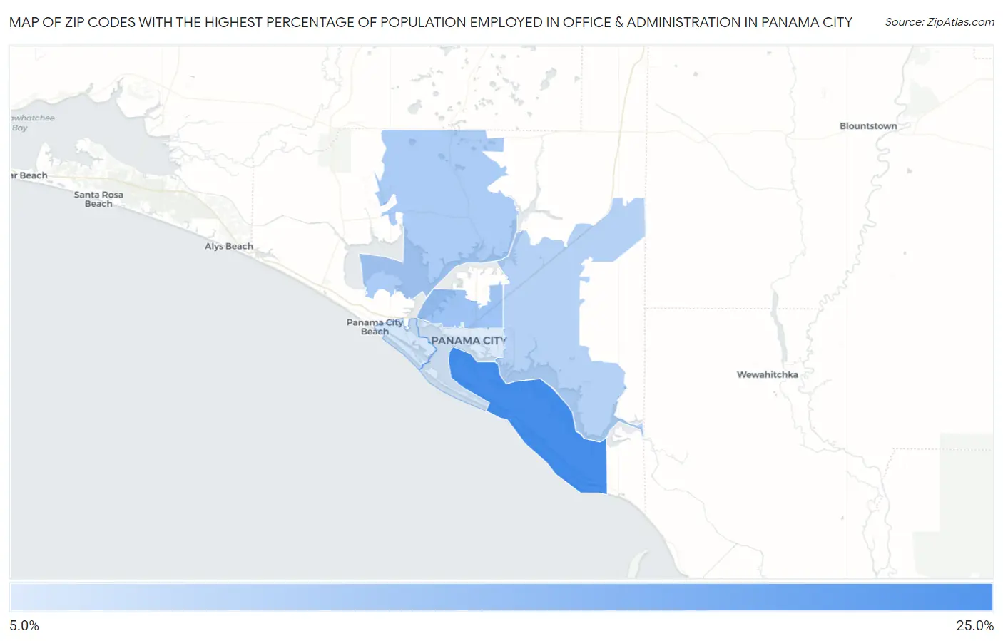 Zip Codes with the Highest Percentage of Population Employed in Office & Administration in Panama City Map