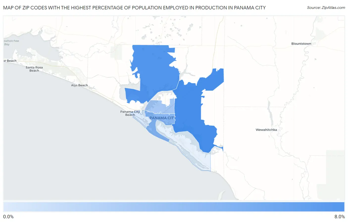 Zip Codes with the Highest Percentage of Population Employed in Production in Panama City Map
