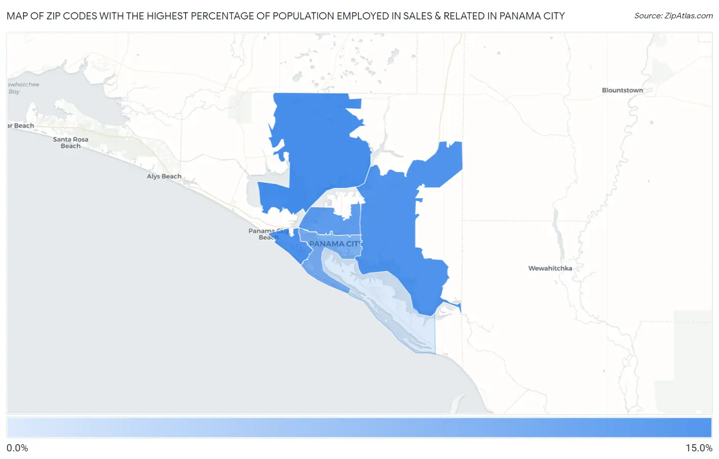 Zip Codes with the Highest Percentage of Population Employed in Sales & Related in Panama City Map