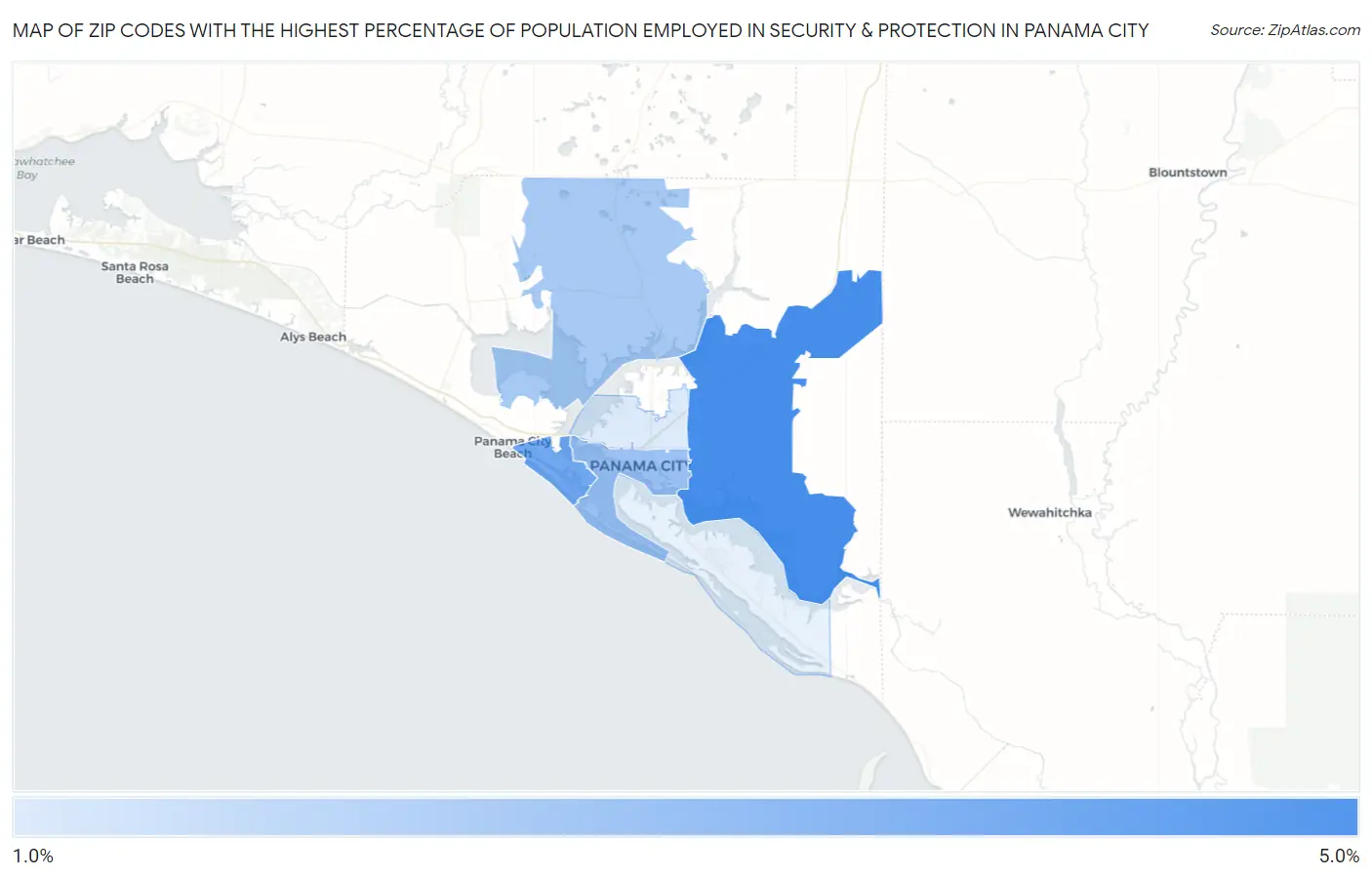 Zip Codes with the Highest Percentage of Population Employed in Security & Protection in Panama City Map