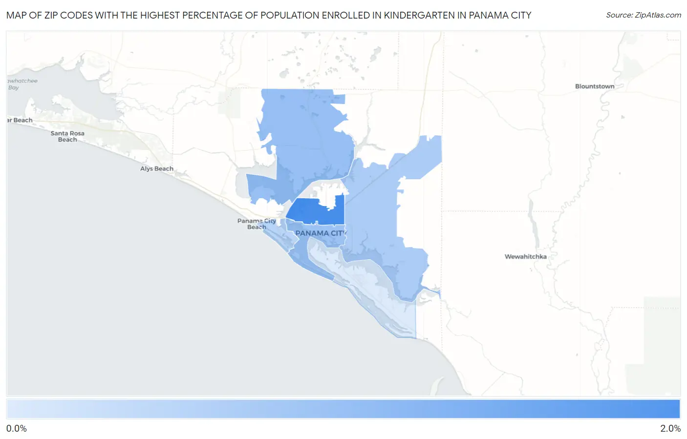 Zip Codes with the Highest Percentage of Population Enrolled in Kindergarten in Panama City Map