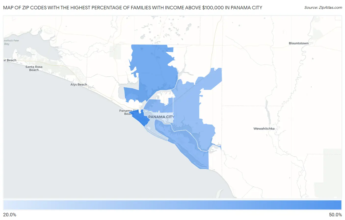 Zip Codes with the Highest Percentage of Families with Income Above $100,000 in Panama City Map