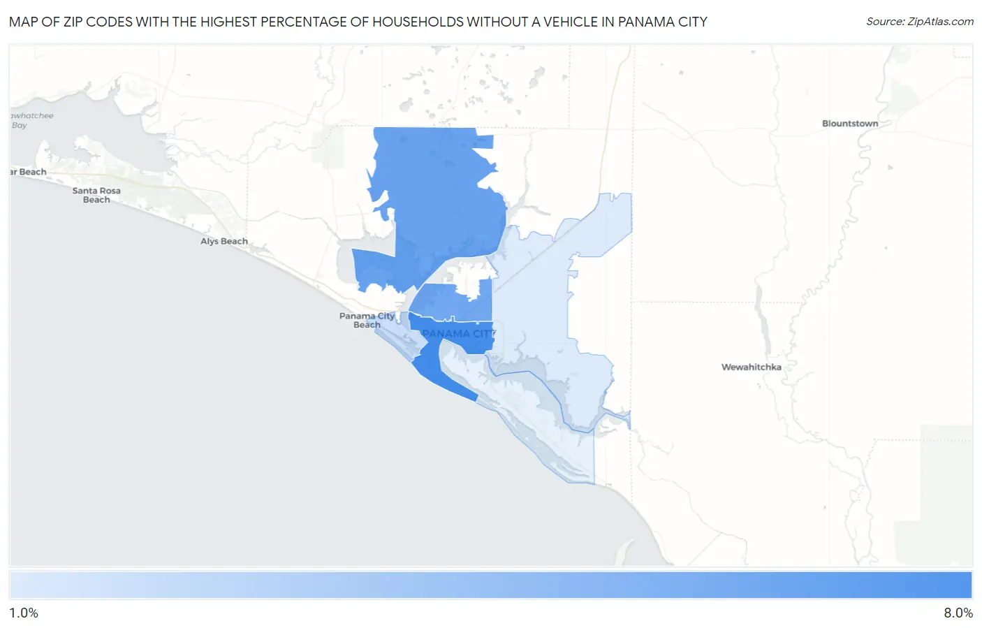 Zip Codes with the Highest Percentage of Households Without a Vehicle in Panama City Map