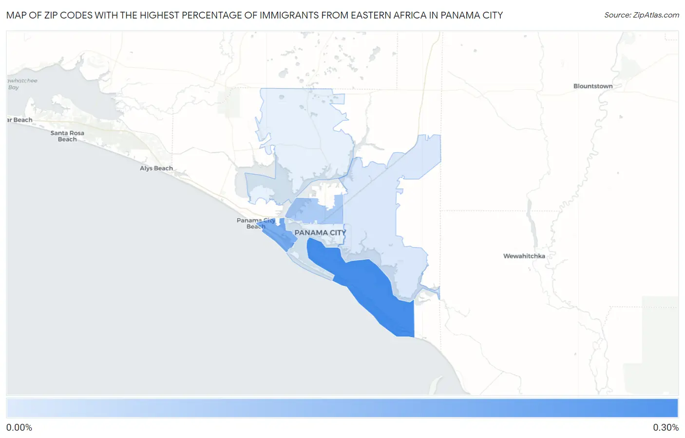 Zip Codes with the Highest Percentage of Immigrants from Eastern Africa in Panama City Map
