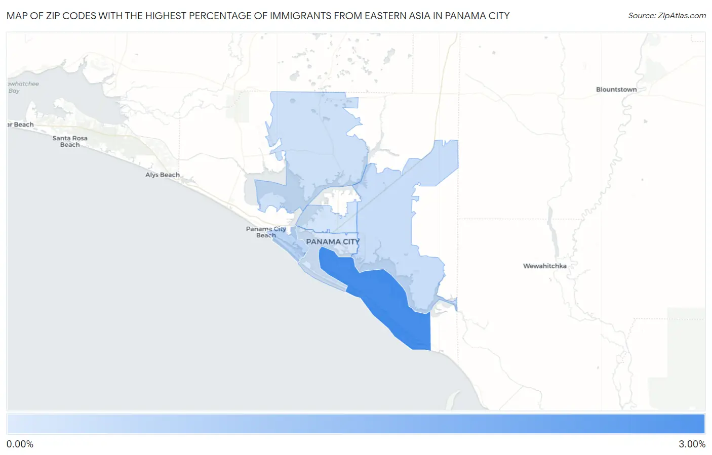 Zip Codes with the Highest Percentage of Immigrants from Eastern Asia in Panama City Map