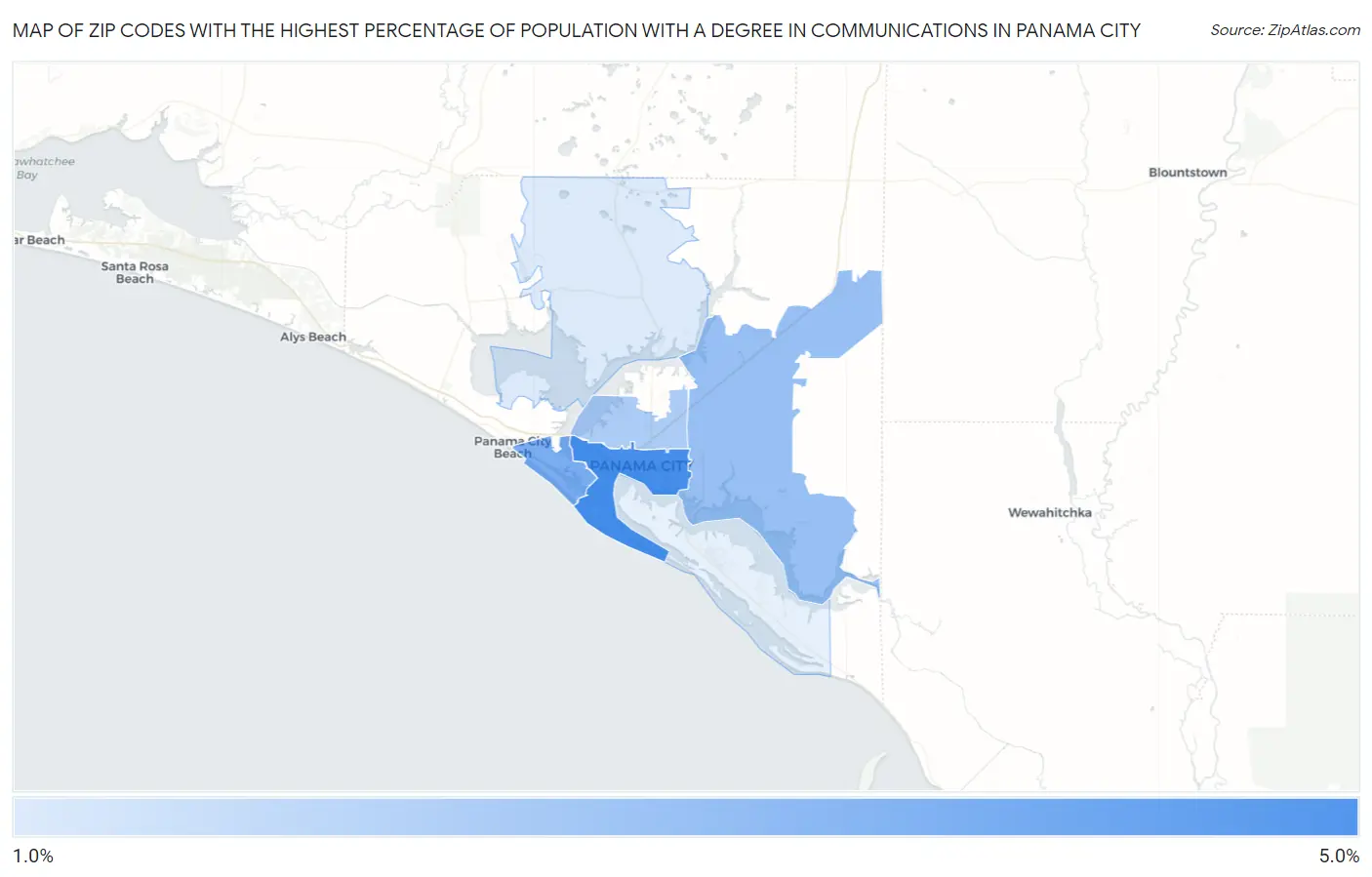 Zip Codes with the Highest Percentage of Population with a Degree in Communications in Panama City Map