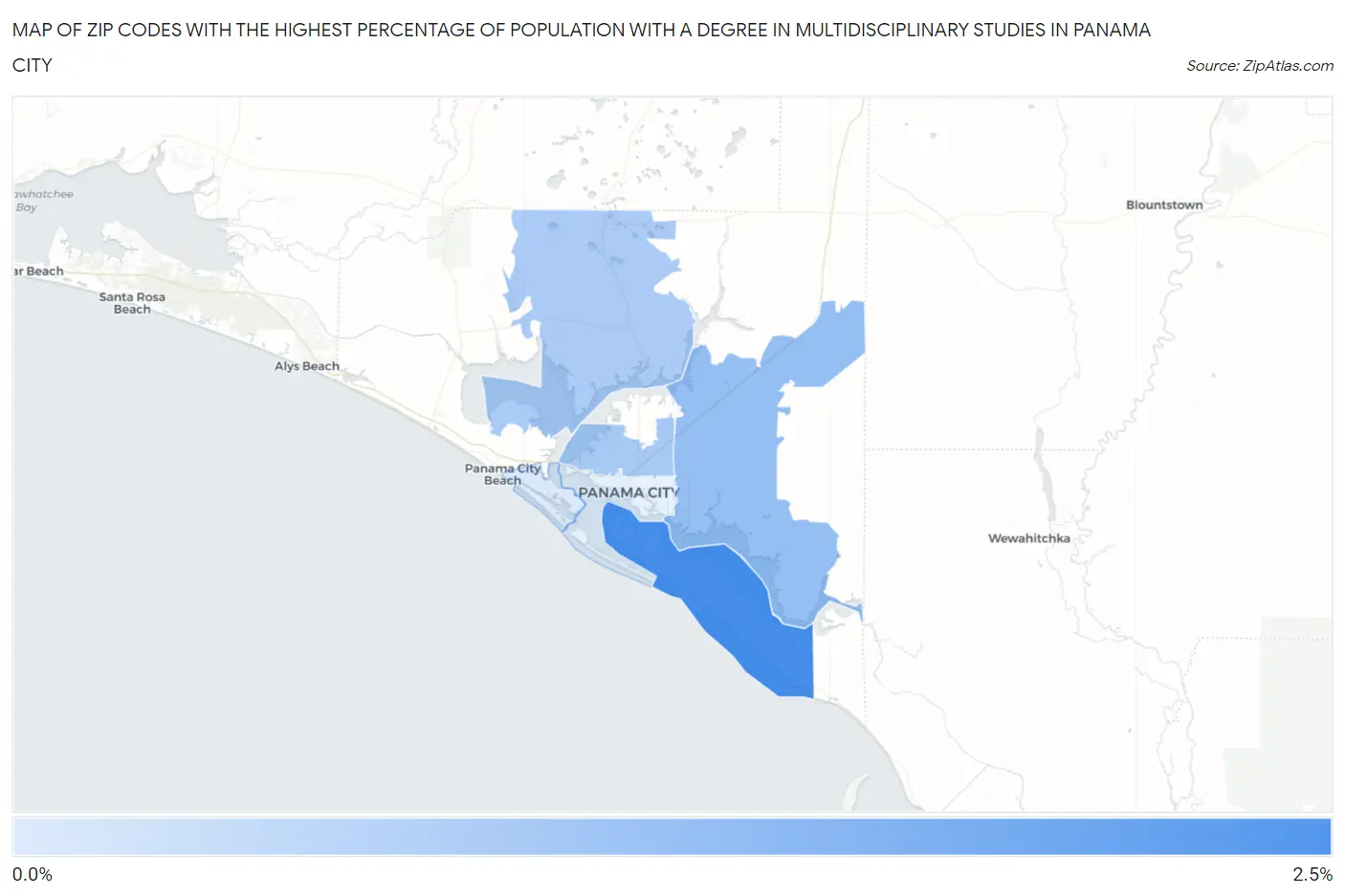 Zip Codes with the Highest Percentage of Population with a Degree in Multidisciplinary Studies in Panama City Map