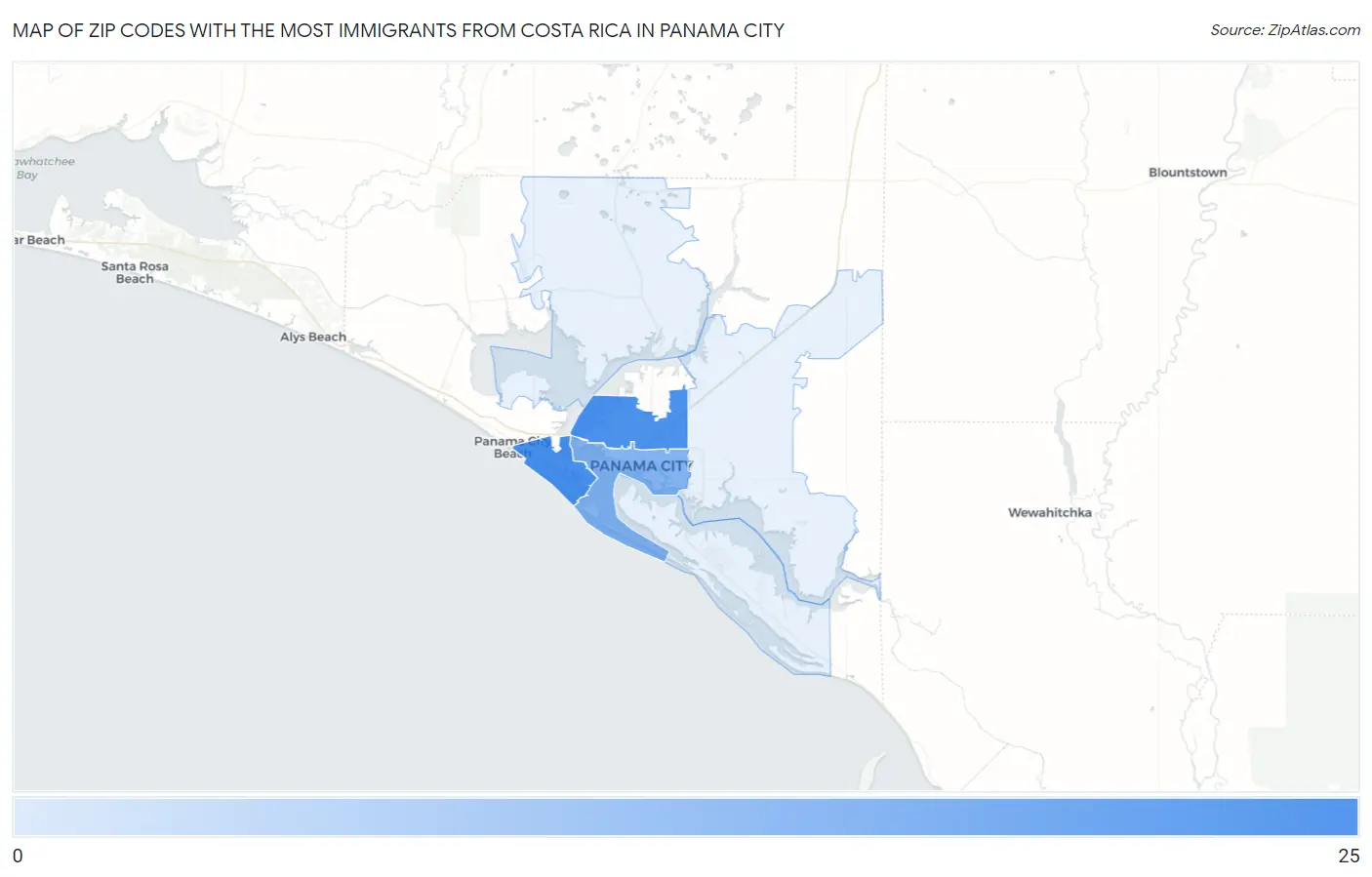 Zip Codes with the Most Immigrants from Costa Rica in Panama City Map
